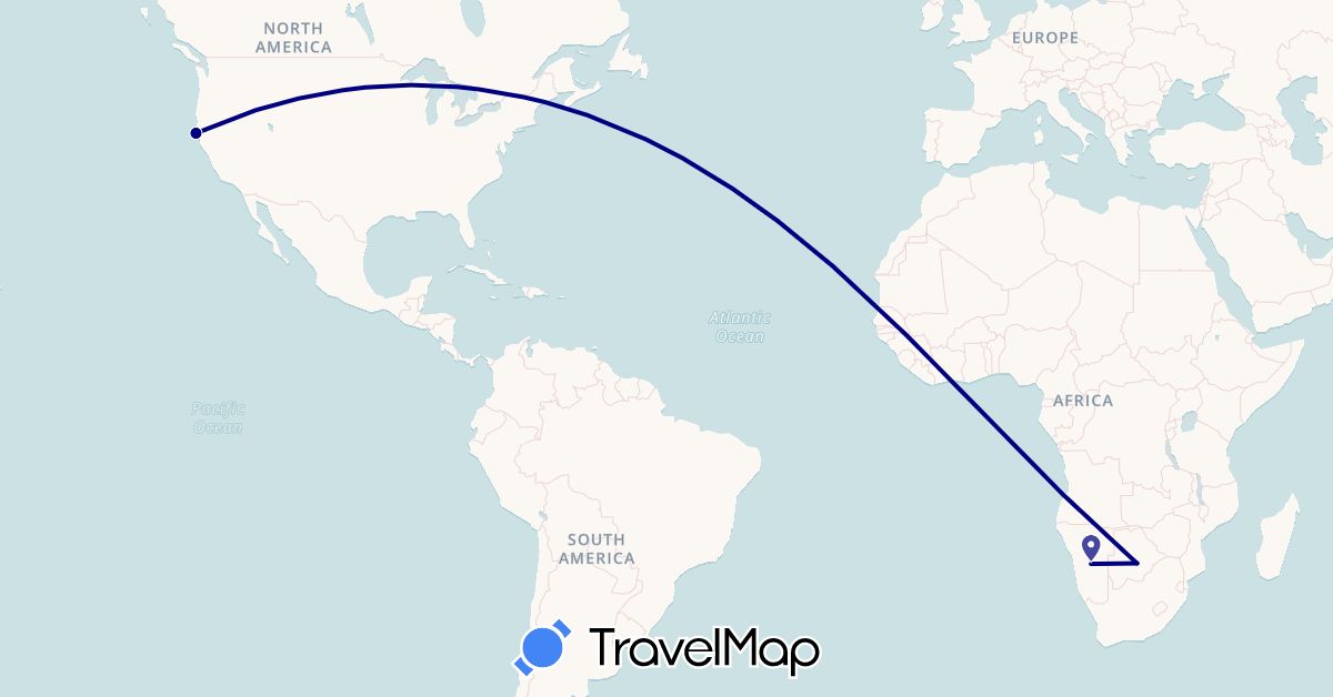 TravelMap itinerary: driving in Botswana, Namibia, United States (Africa, North America)